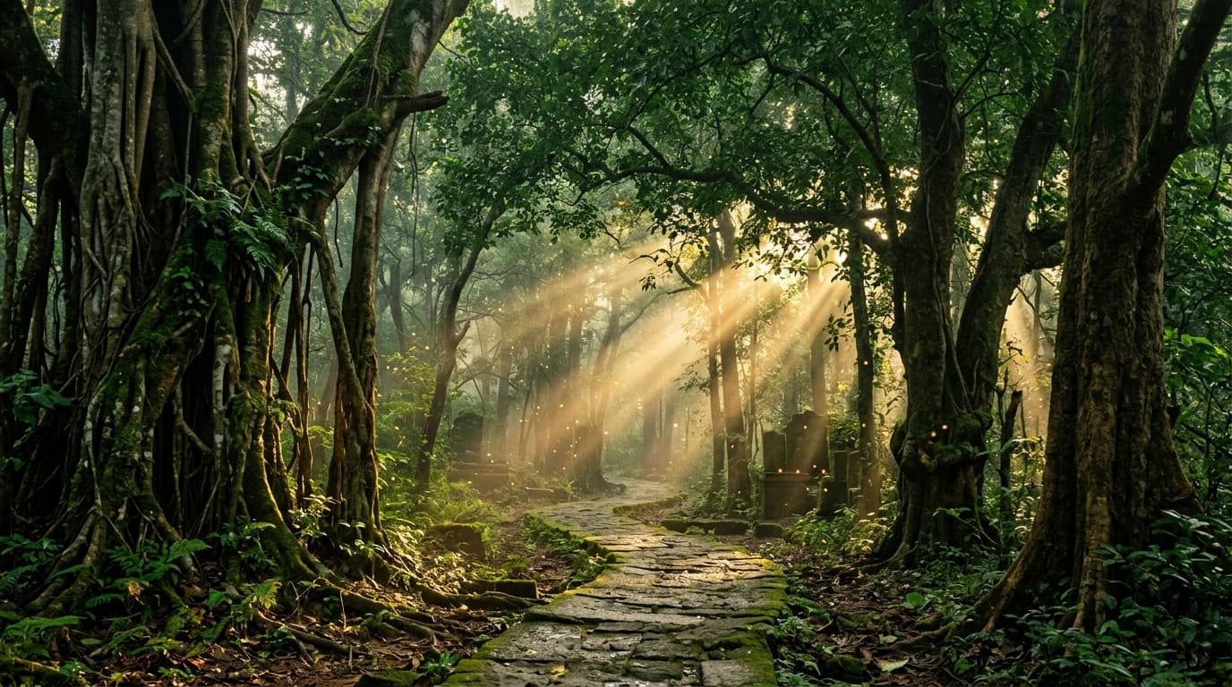 Ancient Sacred Indian Forest Entrance with ancient trees and stone pathway